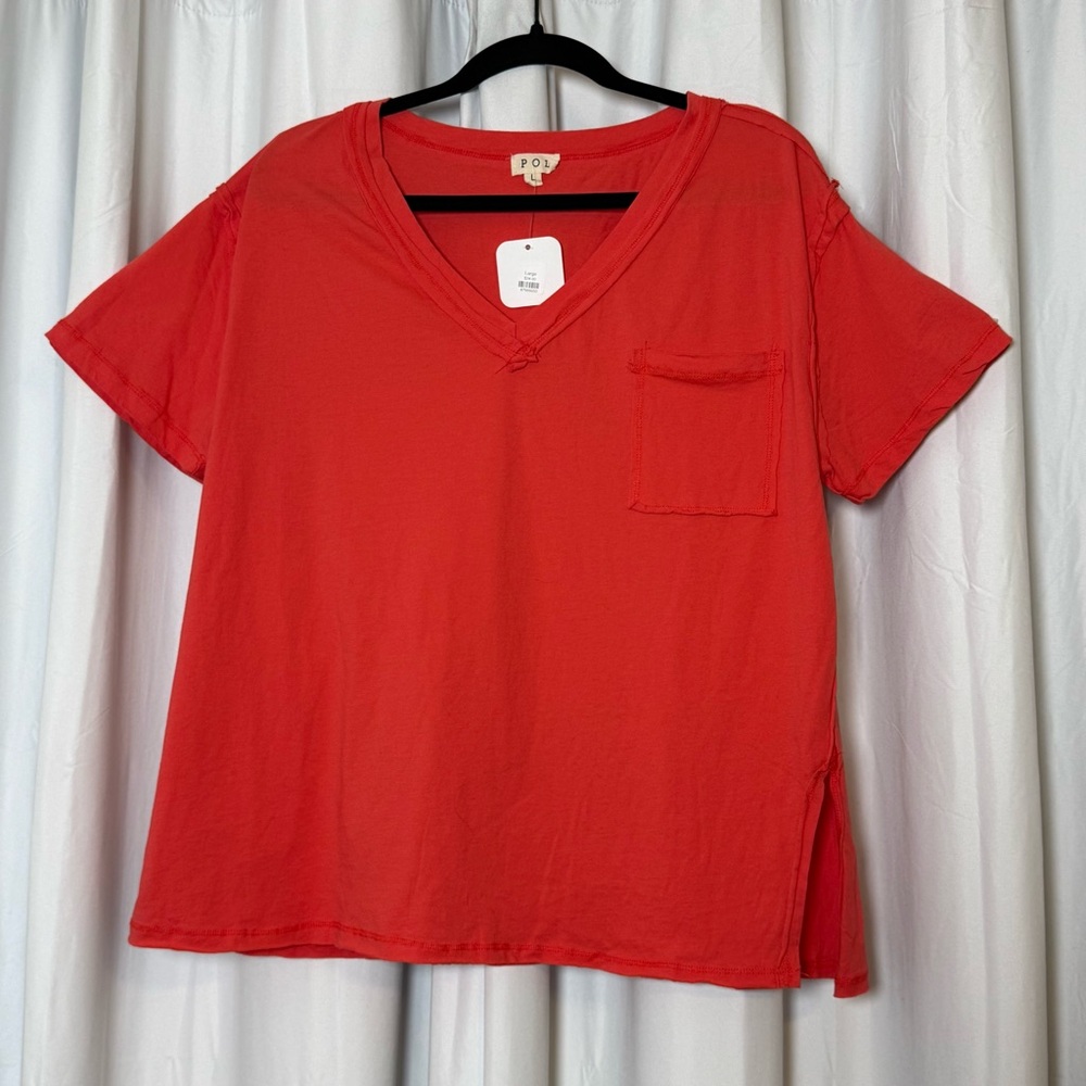POL Raw Edge Oversized Cotton Tee Red Orange Large NWT - Picture 1 of 11